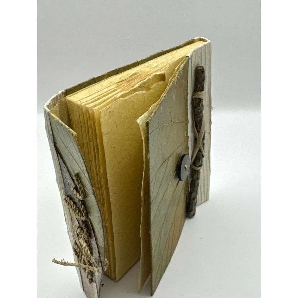 Handmade Bali Leaf Journal Pressed Foliage Notebook‎ Twig Detail Boho Green Tan